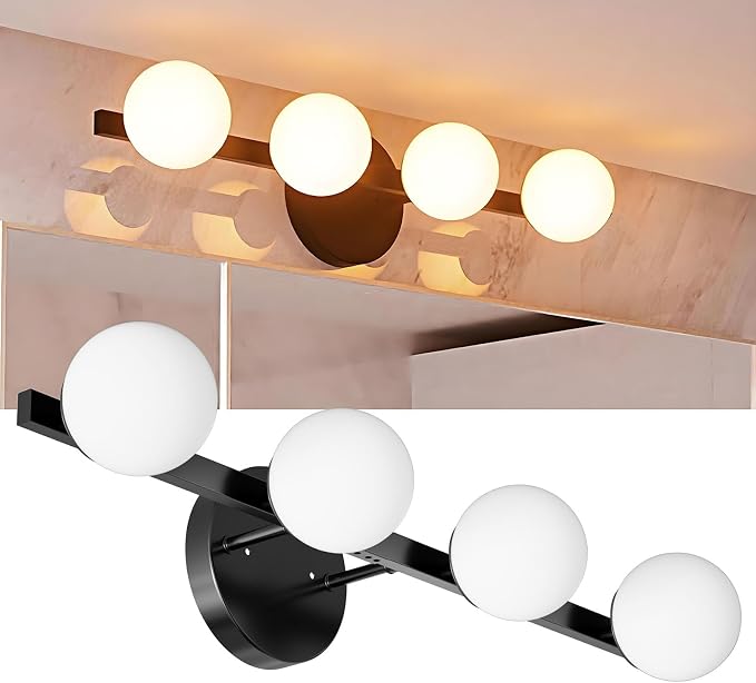 Lightdot 4 Light Bathroom Vanity Light, 26" Modern Black Vanity Lights with Globe Water/Shatterproof PC Lampshade, Rust-Proof Bathroom Light Fixtures Over Mirror for Kitchen Hallway Cabinet Porch