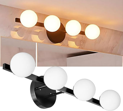 Lightdot 4 Light Bathroom Vanity Light, 26" Modern Black Vanity Lights with Globe Water/Shatterproof PC Lampshade, Rust-Proof Bathroom Light Fixtures Over Mirror for Kitchen Hallway Cabinet Porch