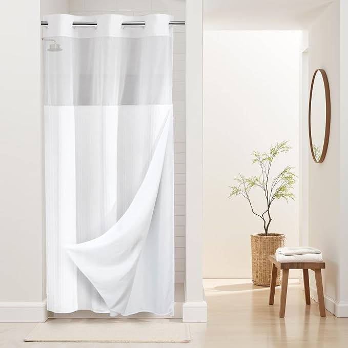 RiverDream Heavyweight Waffle No Hook Shower Curtain with Liner,White,36x74 | Dotted Waffle,Snap-in Liner,Heavy Duty,Quick Dry,Mesh Top Window,With Bottom Magnets,Hotel-Grade,Washable,Small Stall Size