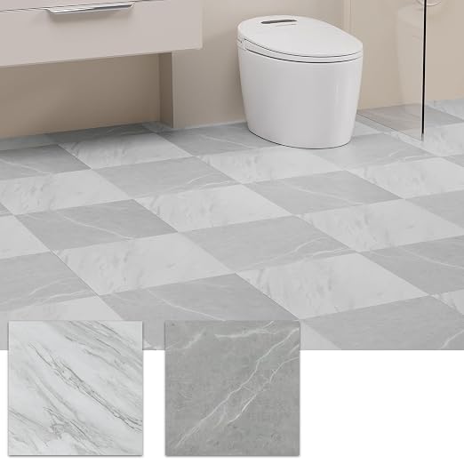 Peel and Stick Floor Tile, 30 PCS 12" x 12" Checkered Waterproof Marble Luxury Vinyl Tiles, Easy DIY Self Adhesive Vinyl Flooring for Bathroom, Kitchen, Living Room, Charcoal Gray/Light Gray