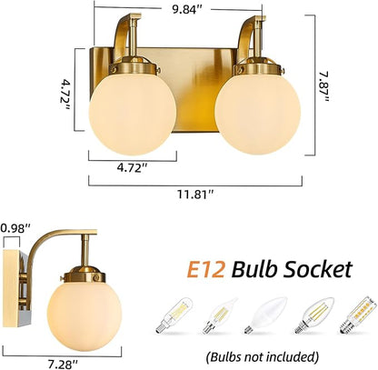 2 Lights Bathroom Vanity Light Fixtures Modern Gold Vanity Light with Milk White Glass Globe Shade Bathroom Lighting Over Mirror Wall Sconce for Bedroom Living Room Hallway