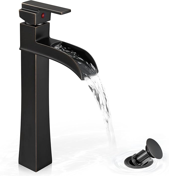Bronze Waterfall Vessel Sink Faucet, Brass 12 Inch Tall Bathroom Faucets Single Hole Single Handle for Bathroom Bowl Sink with Pop-up Drain & Hoses for Vanity Countertop Modern Farmhouse