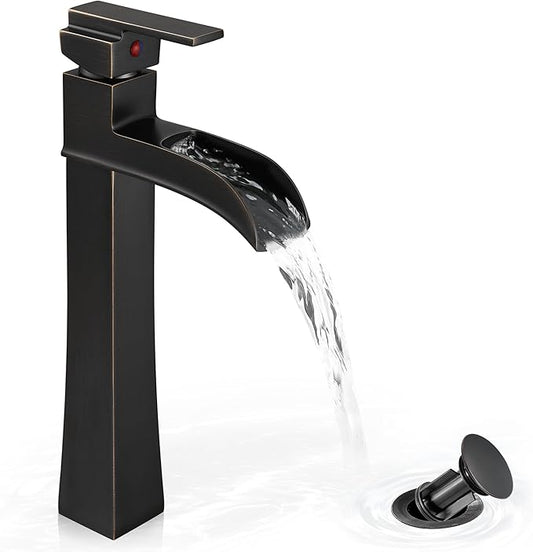 Bronze Waterfall Vessel Sink Faucet, Brass 12 Inch Tall Bathroom Faucets Single Hole Single Handle for Bathroom Bowl Sink with Pop-up Drain & Hoses for Vanity Countertop Modern Farmhouse