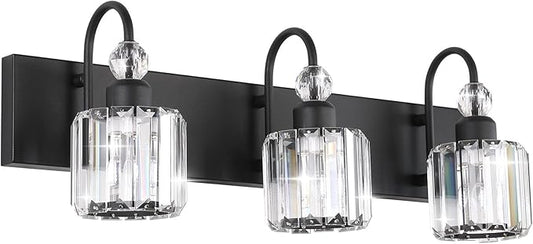 Ralbay Modern Crystal Vanity Light 3-Lights Modern Crystal Vanity Lights for Bathroom Matte Black Crystal Bath Wall Light Fixtures Modern Black Crystal Bathroom Light Fixtures