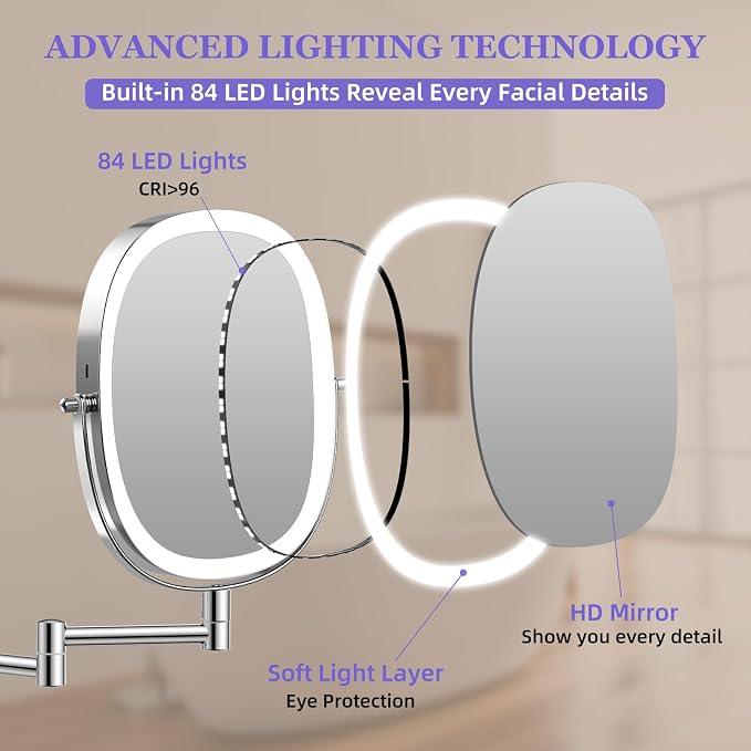 FUNTOUCH 5000mAh Rechargeable Wall Mounted Lighted Makeup Mirror, Chrome | Double Sided 30X/1X Magnifying Mirror Wall Mounted,Extended Arm 360°Rotation,Touch Dimmable,3 Color Lights for Bathroom