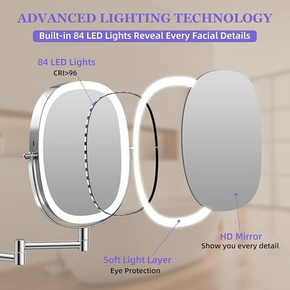 FUNTOUCH 5000mAh Rechargeable Wall Mounted Lighted Makeup Mirror, Chrome | Double Sided 30X/1X Magnifying Mirror Wall Mounted,Extended Arm 360°Rotation,Touch Dimmable,3 Color Lights for Bathroom