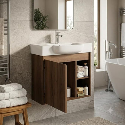 24" Bathroom Vanity with Sink, Wall-Mounted Cabinet, Brown Ebony | Ceramic Sink, Soft-Close Door & 2 Open Storage Shelves, Modern Farmhouse Sink Cabinet, Easy to Clean for Small Bathroom