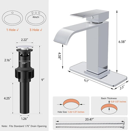 Chrome Bathroom Faucets Evolvegoods Modern Waterfall Bathroom Faucet | Single Handle 1 or 3 Hole Bathroom Sink Faucet RV Mixer Tap Vanity Faucet with Deck Plate Pop-up Drain and Supply Lines