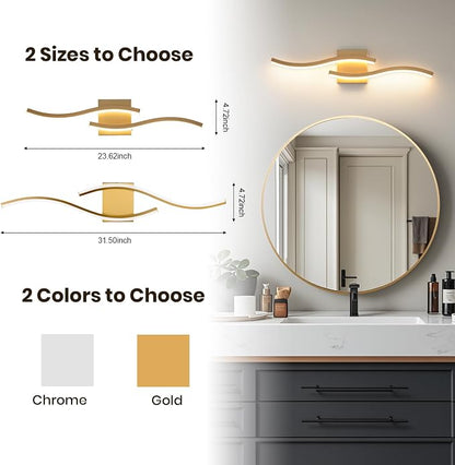 Gold Curved Bathroom Vanity Light Fixture Over Mirror, 23.62 inch Modern LED Wall Lamp 5CCT Dimmable Bathroom Light Fixture Modern Vanity Lighting Wall Sconces