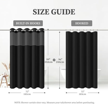 72x99 Ringless Linen Textured Shower Curtain with Snap in Liner, Black | Extra Long Size, 3 in 1 Durable Fabric Shower Curtain, Removable Liner, Waterproof & Washable, Mesh Top Window, Easy Setup