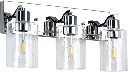 3 Lights Bathroom Light Fixtures Chrome Vanity Light with Clear Glass Shade 18in Modern Bathroom Lighting Fixtures Over Mirror for Bedroom/Living Room