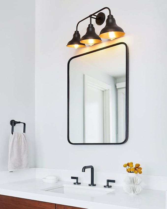 25.2-Inch 3-Light Farmhouse Vanity Light Over Mirror, Matte Black | Rustic industrial style, metal frame, 3 E26 sockets, 60W max, dimmable, no bulbs, wall sconce for bathroom mirror, bedroom