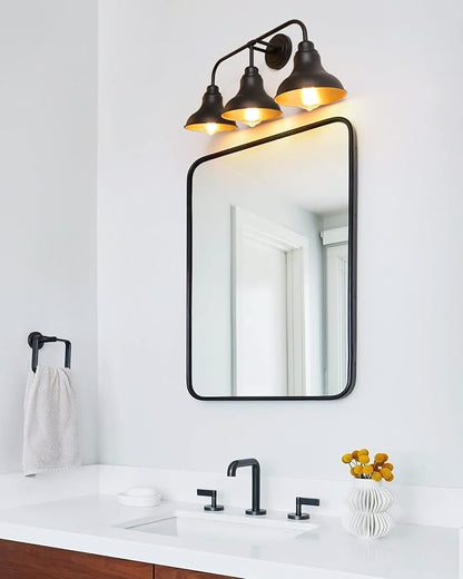 25.2-Inch 3-Light Farmhouse Vanity Light Over Mirror, Matte Black | Rustic industrial style, metal frame, 3 E26 sockets, 60W max, dimmable, no bulbs, wall sconce for bathroom mirror, bedroom