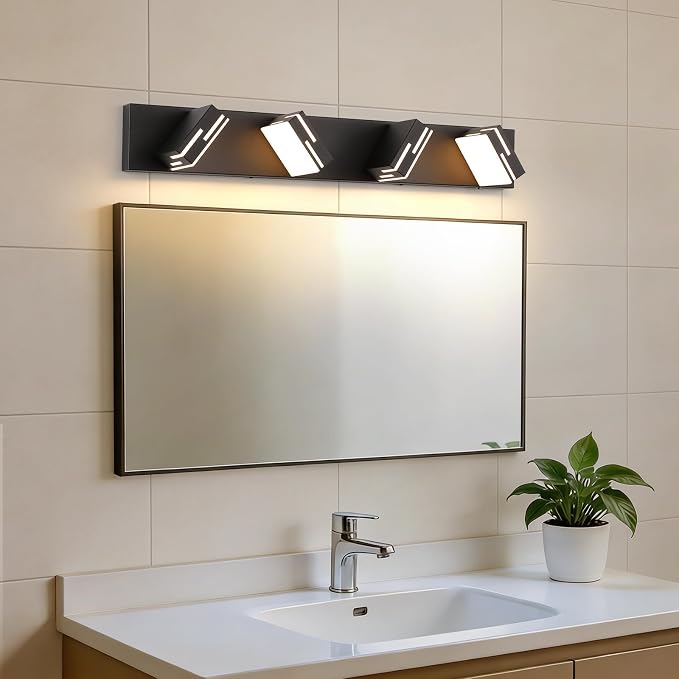 4-Light 5CCT Modern Bathroom Vanity Light Fixtures, 30-Inch 350° Rotatable LED Vanity Lights Over Mirror, Dimmable Matte Black Wall Sconce with Frosted Acrylic Shade