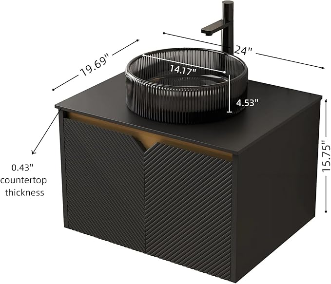 24 Inch Bathroom Vanity with Sink, Floating Fluted Vanity with Vessel Sink, Small Wall Mounted Bathroom Vanity Cabinet with 2 Doors, Glass Sink & Sintered Stone Top, Black
