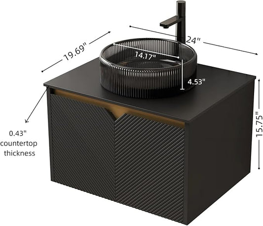24 Inch Bathroom Vanity with Sink, Floating Fluted Vanity with Vessel Sink, Small Wall Mounted Bathroom Vanity Cabinet with 2 Doors, Glass Sink & Sintered Stone Top, Black