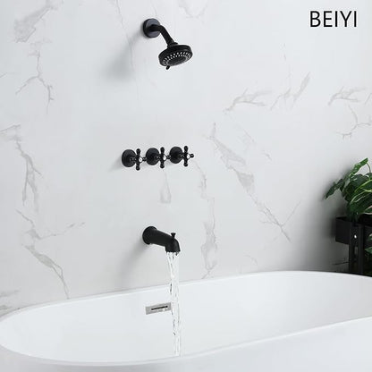 3 Handle Shower Faucet Set with Tub Spout Matte Black | Three Knod Tub and Shower Trim Kit 3 Handles Bathtub Shower Faucets Completes with Brass Valve