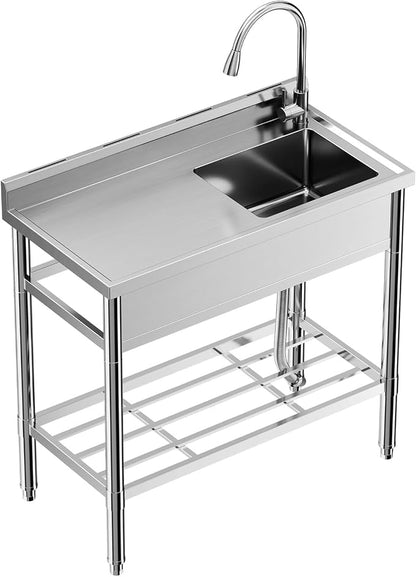 Garvee Stainless Steel Utility Sink, Commercial Kitchen Single Bowl Sink with Cold and Hot Water Faucet, Hoses and Drain Kit, Storage Shelf for Kitchens, Bathrooms, Garage, Laundry Room