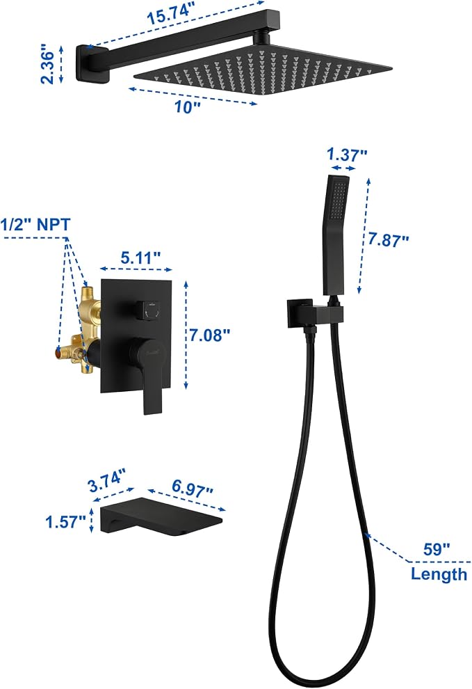 SHAMANDA Shower System with Waterfall Tub Spout and Handheld Shower Head, 10" Rain Shower Faucet Sets Complete with Shower Round-in Valve and Trim Wall Mount, Matte Black, L1010-7