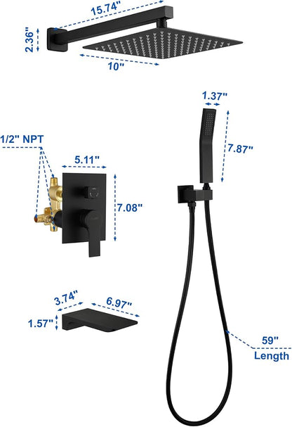 SHAMANDA Shower System with Waterfall Tub Spout and Handheld Shower Head, 10" Rain Shower Faucet Sets Complete with Shower Round-in Valve and Trim Wall Mount, Matte Black, L1010-7