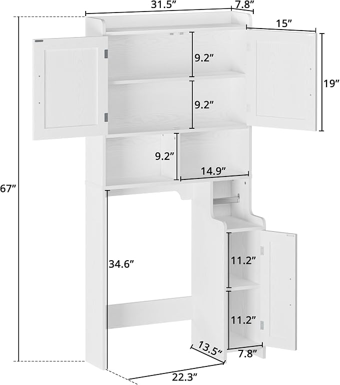 IRONCK 67 in Over The Toilet Storage Cabinet with Adjustable Shelves White | waterproof; side cabinet; toilet paper holder; anti-tip stable frame; bathroom laundry room; barn door farmhouse decor