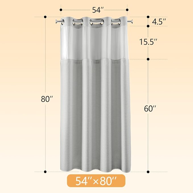 River Dream Cotton Blend Fabric Shower Curtain Set with Liner, Gray, 54x80 | Waffle Weave, No Hook Needed, with Snap in Replacement Liner, Top Sheer Window, Hotel Quality Fabric for Bathroom