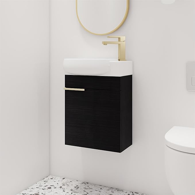 Malwee 16" Floating Bathroom Vanity with Sink, 16 Inch Single Sink Wall Mounted Bathroom Vanity, with 1 Door and White Ceramic Top for Small Space, Modern Wall Hung Cabinet Storage(029-16BCT)
