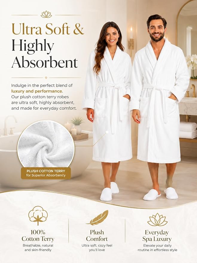 BIOLINEN 100% Cotton Terry Shawl Collar Bathrobe with Slippers