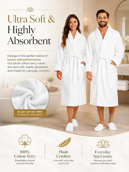 BIOLINEN 100% Cotton Terry Shawl Collar Bathrobe with Slippers