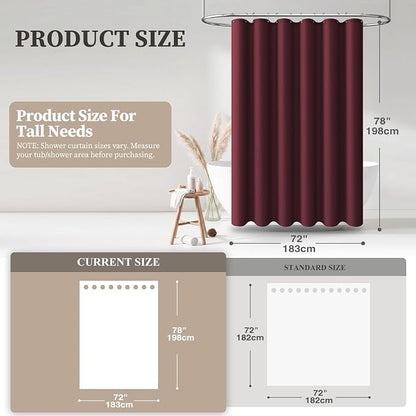 72x78 Linen Textured Waterproof Fabric Shower Curtain Set, Burgundy | Long Size, 230GSM Polyester, Heavy Duty Cloth, Weighted Hem, 12 Plastic Hooks, Modern Luxury Hotel Style, Machine Washable