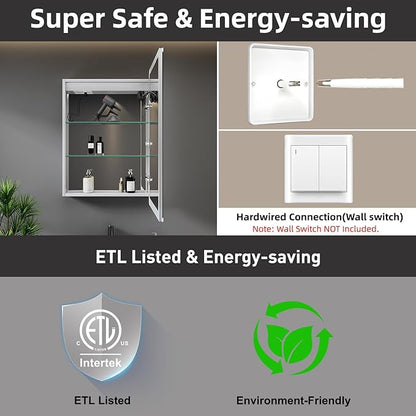 Medicine Cabinet with LED Lights and Mirror, 16 x 24 Inch Surface or Recessed Mounted Bathroom Cabinet with Door, Defogger, Memory Function, 3-Color Mode, Outlet&USB, Dimmer, Storage Shelf