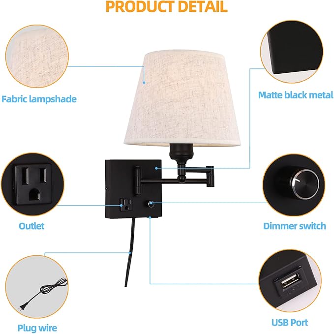 Bedside Wall Mount Light with Dimmable Switch and Outlet, Swing Arm Fabric Shade Wall Sconce Light with USB Port and Plug in Cord, Black Wall Lamp for Bedroom, Living Room and Hotel