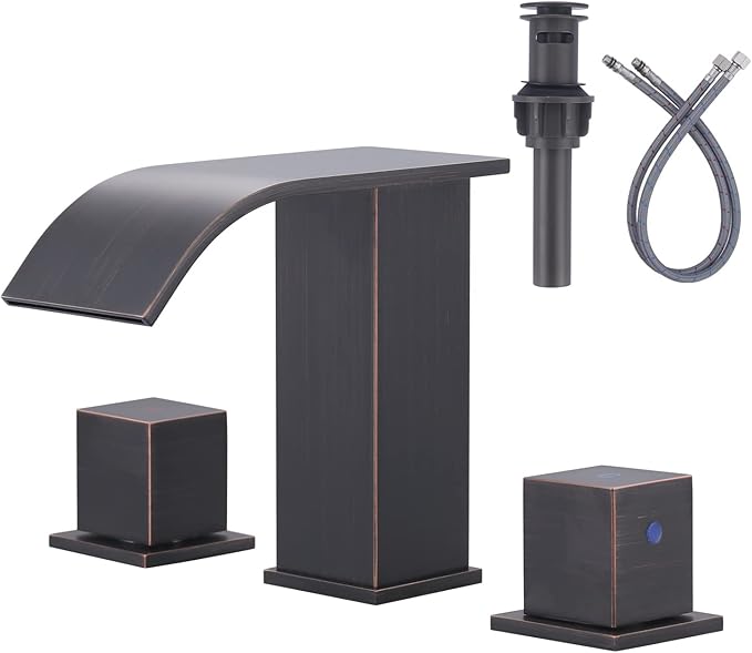 ARCORA Oil Rubbed Bronze Waterfall Bathroom Faucet - 8 Inch Widespread Bathroom Faucets for Sinks 3 Hole, 2 Handles Bathroom Sink Faucet with Pon Up Drain and cUPC Supply Lines