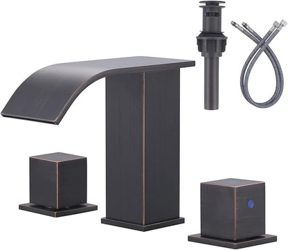 ARCORA Oil Rubbed Bronze Waterfall Bathroom Faucet - 8 Inch Widespread Bathroom Faucets for Sinks 3 Hole, 2 Handles Bathroom Sink Faucet with Pon Up Drain and cUPC Supply Lines