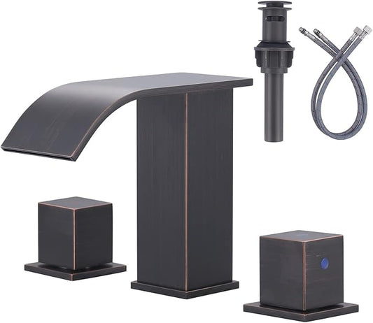 ARCORA Oil Rubbed Bronze Waterfall Bathroom Faucet - 8 Inch Widespread Bathroom Faucets for Sinks 3 Hole, 2 Handles Bathroom Sink Faucet with Pon Up Drain and cUPC Supply Lines