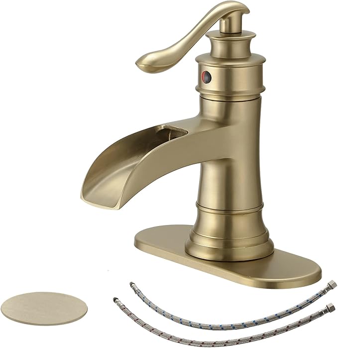BWE Brass Gold Waterfall Sink Faucet for Modern & Traditional Bathroom | Wide Waterfall Spout, Ceramic Cartridge, Fits 1 or 3-Hole Sink, Single Handle, Hardware Kit Included, Not for Vessel Sink