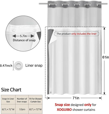 Snap-in Fabric Replacement Liner 71" W x 61" L, for 72" W x 81" L No Hook Shower Curtain