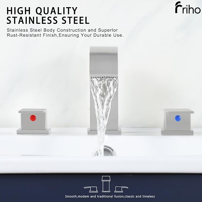 Friho Widespread Bathroom Sink Faucet 3 Hole Brushed Nickel, 2 Handles Waterfall Bathroom Faucet with Pop Up Drain and Supply Lines, FRDC17808L