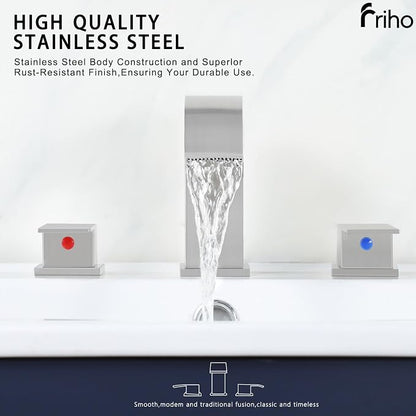 Friho Widespread Bathroom Sink Faucet 3 Hole Brushed Nickel, 2 Handles Waterfall Bathroom Faucet with Pop Up Drain and Supply Lines, FRDC17808L