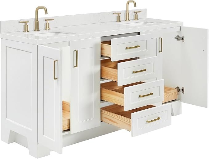 ARIEL Taylor 66-inch Bathroom Vanity with Sink,Solid Wood, 1.5-inch Carrara White Quartz Countertop & Backsplash, Double Rectangular Porcelain Sink, 4 Soft Closing Doors, 5 Dovetail Drawers, White