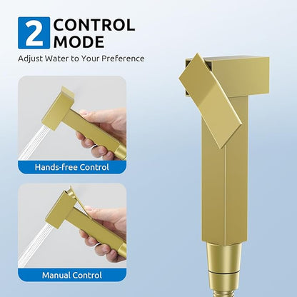 Arofa Warm Water Bidet Sprayer for Toilet with Hot and Cold Rough-in Valve, Hands-Free Handheld Jet Spray with Adjustable Water Flow, Square Toilet Sprayer with Bidet Hose for Feminine Wash, Gold
