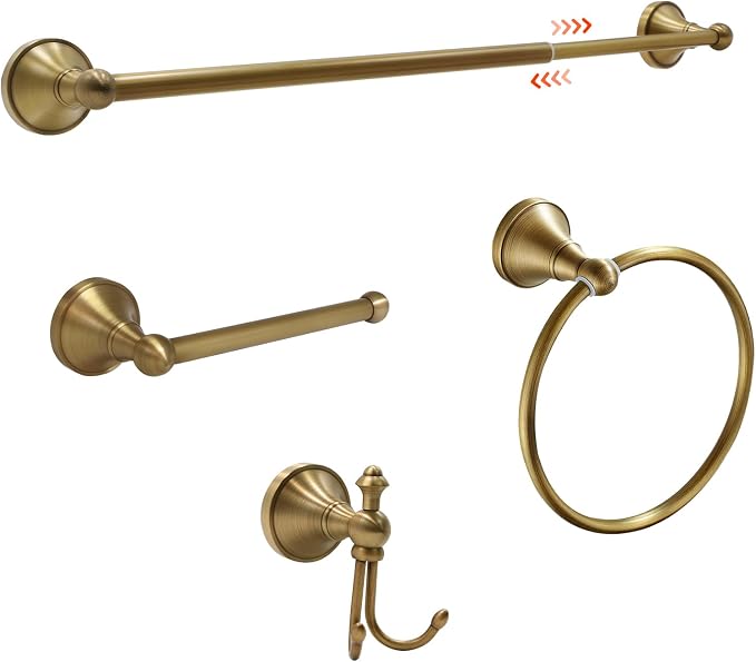 4 Piece Antique Brass Gold Bathroom Towel Bar Set - Toocust 16"-27.7" Adjustable Towel Bar for Bathroom, Wall Mounted Antique Brass Bathroom Hardware, Brushed Brass Towel Holder