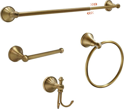 4 Piece Antique Brass Gold Bathroom Towel Bar Set - Toocust 16"-27.7" Adjustable Towel Bar for Bathroom, Wall Mounted Antique Brass Bathroom Hardware, Brushed Brass Towel Holder