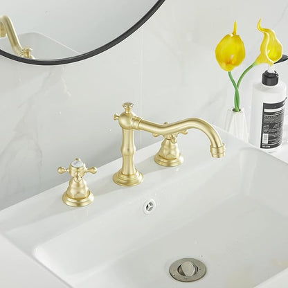 GGStudy Brushed Gold Bathroom Faucet 2 Handles 3 Holes Widespread Bathroom Sink Facuet Washingroom Faucet Mixer Tap wiith Pop Up Drain
