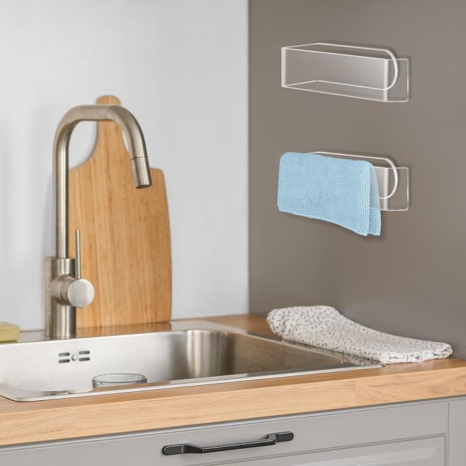 NiHome Clear Acrylic Hand Towel Rack 2-Pack, Adhesive Wall Bar, Waterproof | No Drill Install, Rustproof U-Shape Design For Bathroom Kitchen Bedroom Cabinet RV, Stick On Mount