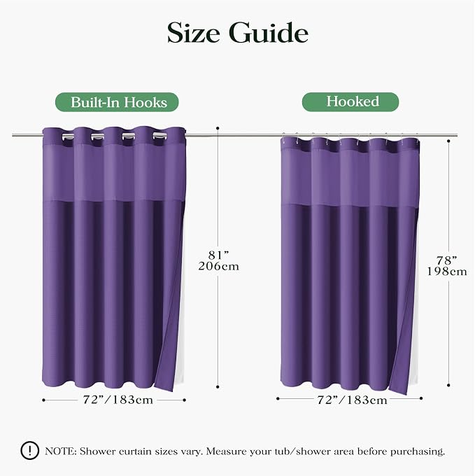 Purple Hook Free Waffle Shower Curtain & Snap Fabric Liner,72x81 | Less Time to install, 3 in 1 Fabric Shower Curtain and Liner Set with Magnets, Long, Shower Curtains for Bathroom