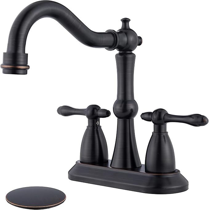 Oil Rubbed Bronze Antique Bathroom Faucet 2 Hole, Stainless Steel Centerset 4 inch Bathroom Faucet 2 Handle with Drain and Supply Hose, Brushed Bronze Faucet for Bathroom Sink