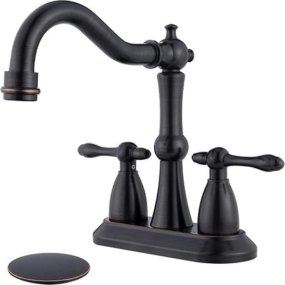 Oil Rubbed Bronze Antique Bathroom Faucet 2 Hole, Stainless Steel Centerset 4 inch Bathroom Faucet 2 Handle with Drain and Supply Hose, Brushed Bronze Faucet for Bathroom Sink