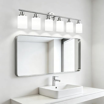 6-Light Brushed Nickel Vanity Lights for Mirror, Bathroom Light Fixtures with Textured Milky White Glass Shade, Modern Kitchen Light Fixtures Wall Sconce Light - E26 Base