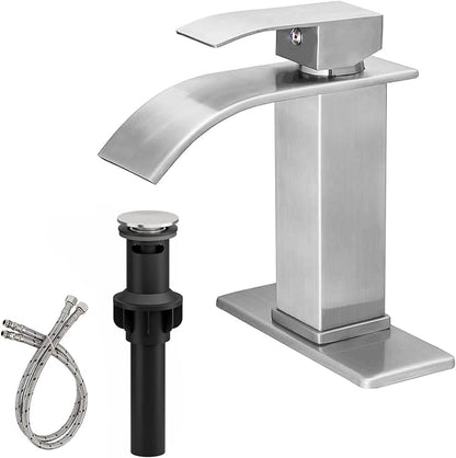 BWE Bathroom Faucet Modern Brushed Nickel Waterfall Single Hole Faucet for Bathroom Sink Single Handle with Pop Up Drain with Overflow Assembly and Supply Line Lavatory Bath Faucet